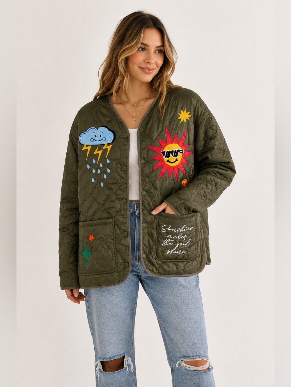 First Row Olive Green Quilted Embroidered Patch Jacket Sunshine Small Boho